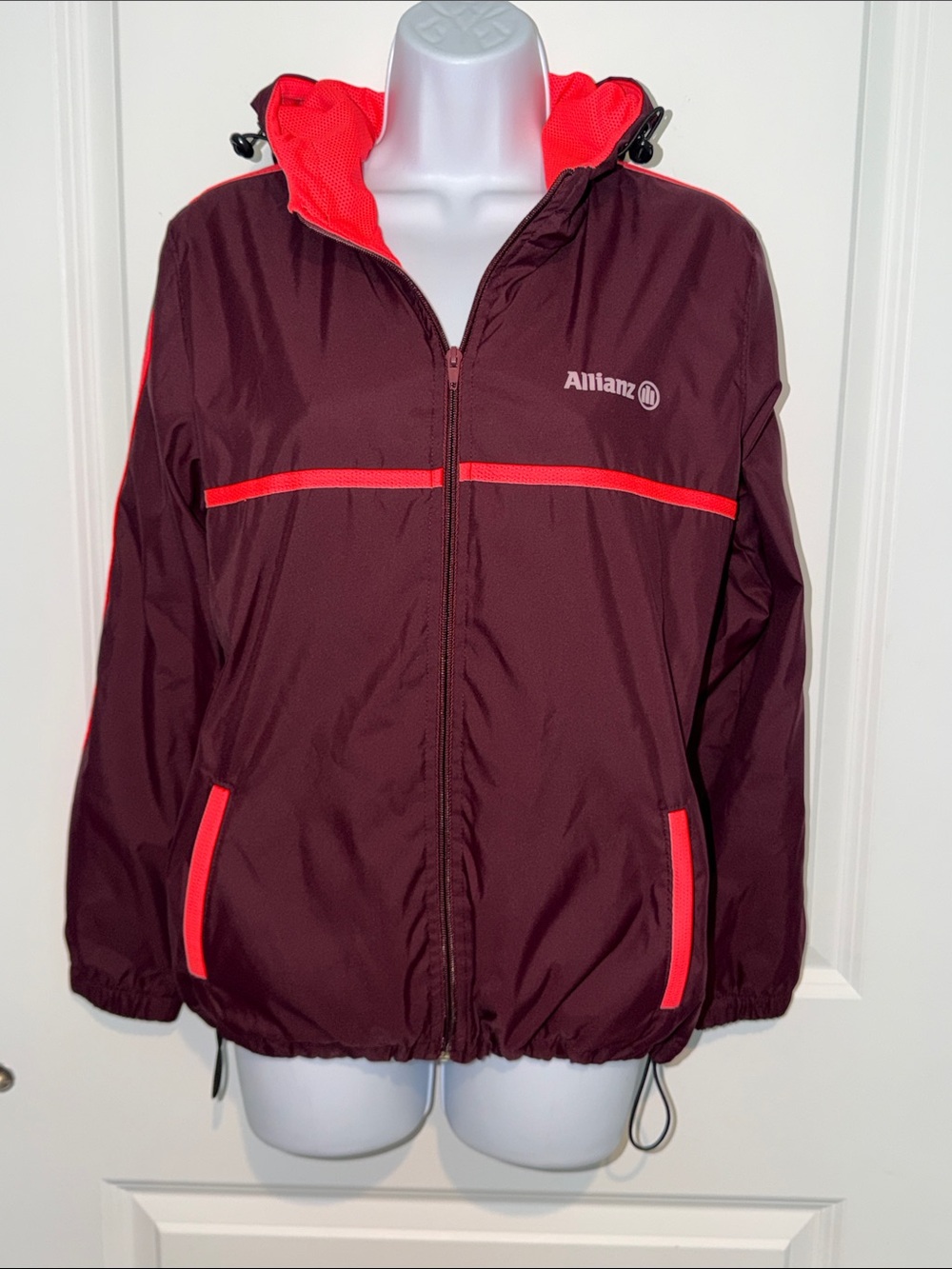Allianz Store Hooded Windbreaker Jacket Maroon Neon Pink Mesh Lined Size S